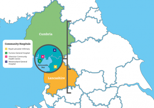 Map of Cumbria and Lancashire showing where the community hospital locations are 