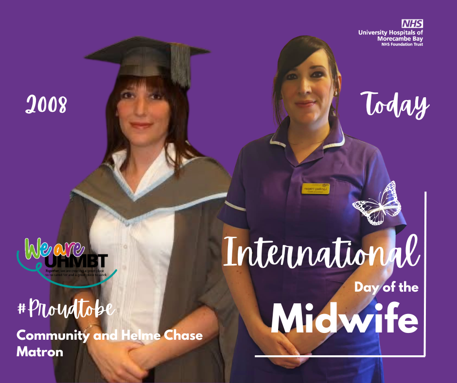 Two photos of Midwife Lyndsay Hagan, one in 2008 with a graduation hat and gown on, and the second from the present day in a purple Midwife uniform