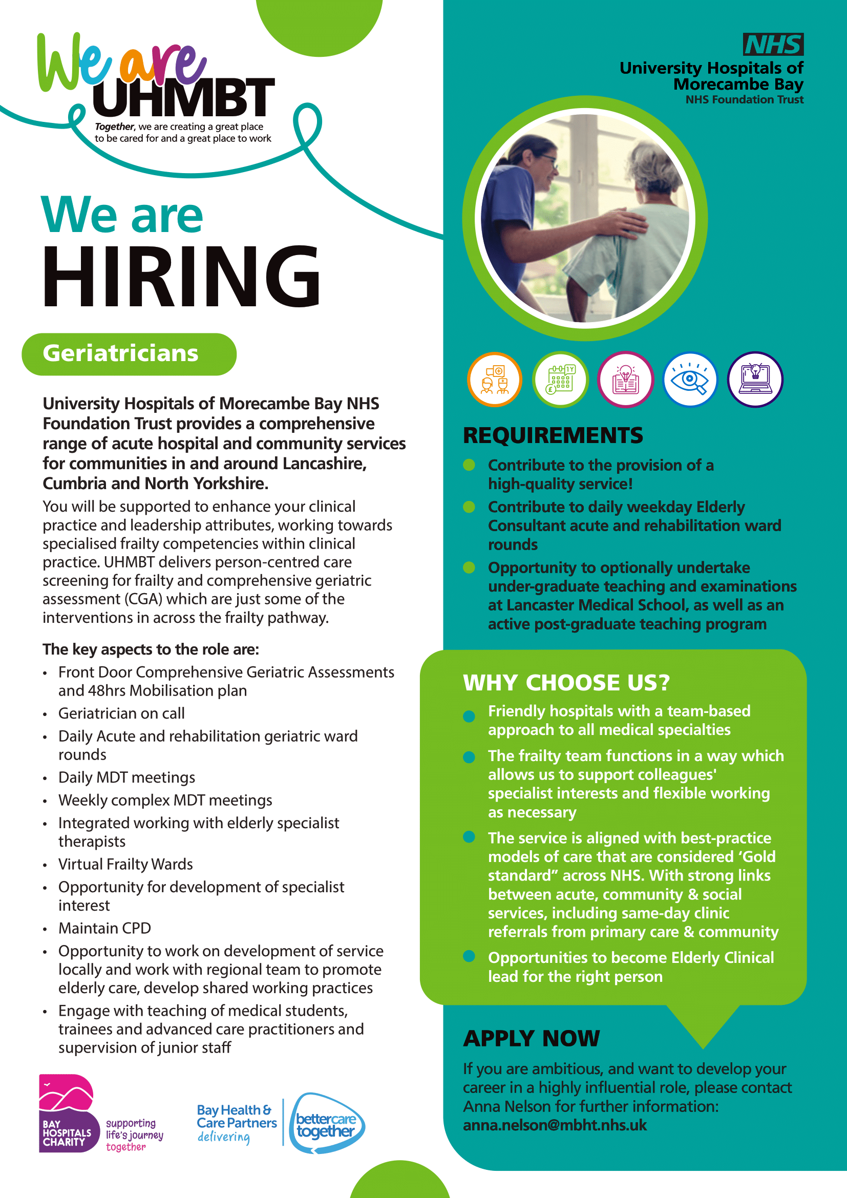 Job advert for Geriatricians. For more information contact Anna.Nelson@mbht.nhs.uk
