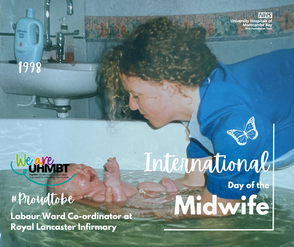 Photo of Midwife Paula holding a baby in a birthing pool in 1998
