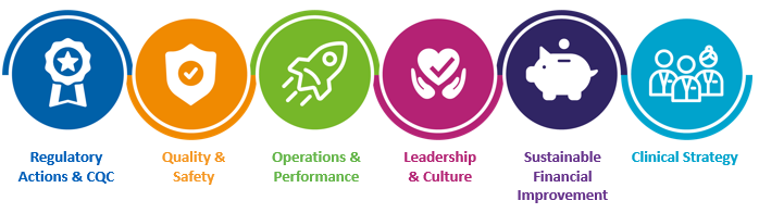 Recovery Support Programme 6 Workstreams - Regulatory, Quality & Safety, Operations and Performance, Leadership & Culture, Finance, Clinical Strategy