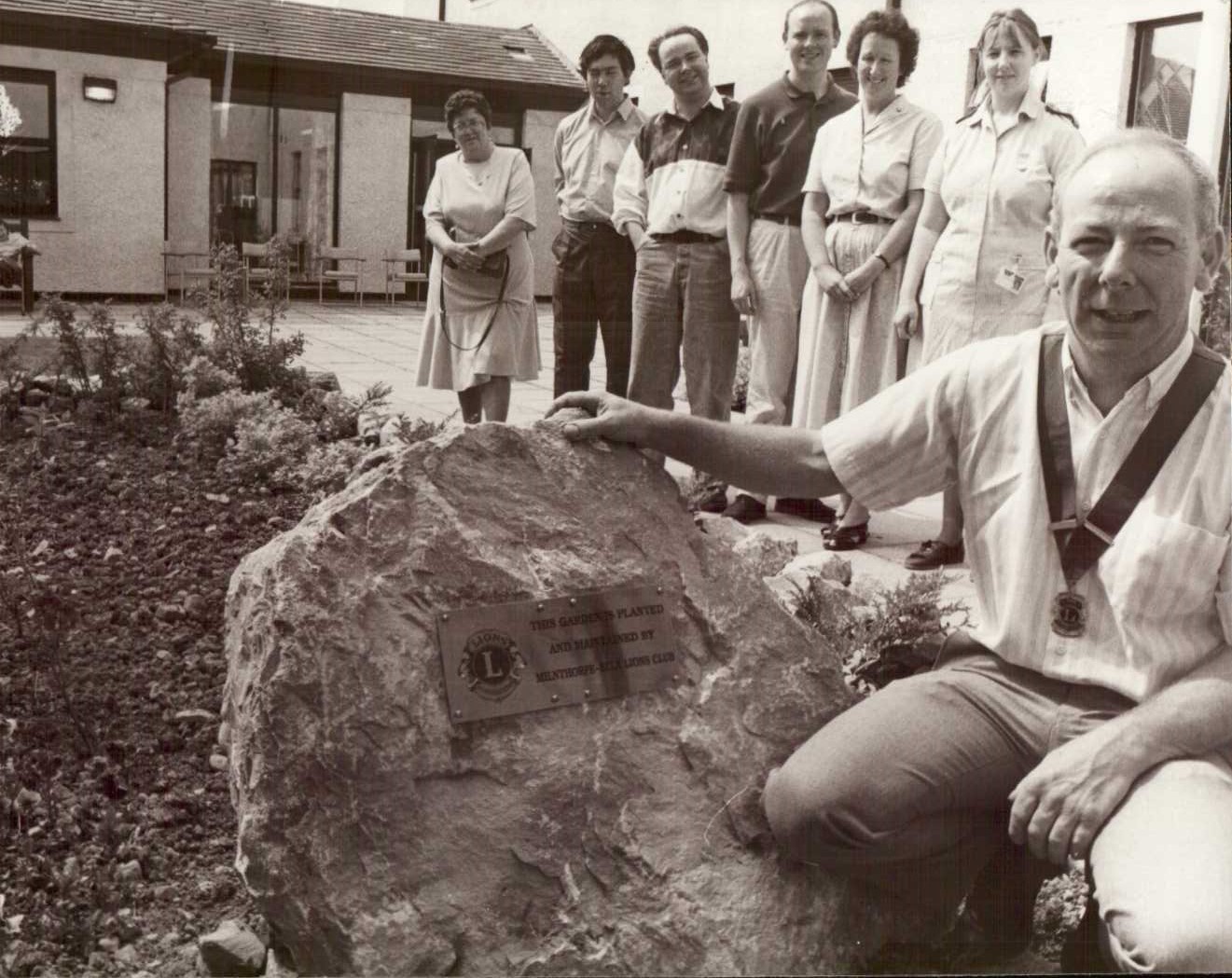 Black and white photo of Westmorland General Hospital garden in 1992