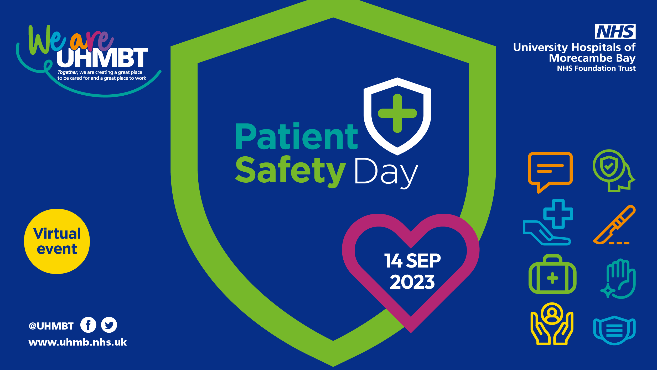 Blue graphic with medical icons explaining that Patient Safety Day is a virtual event taking place on 14 September 2023