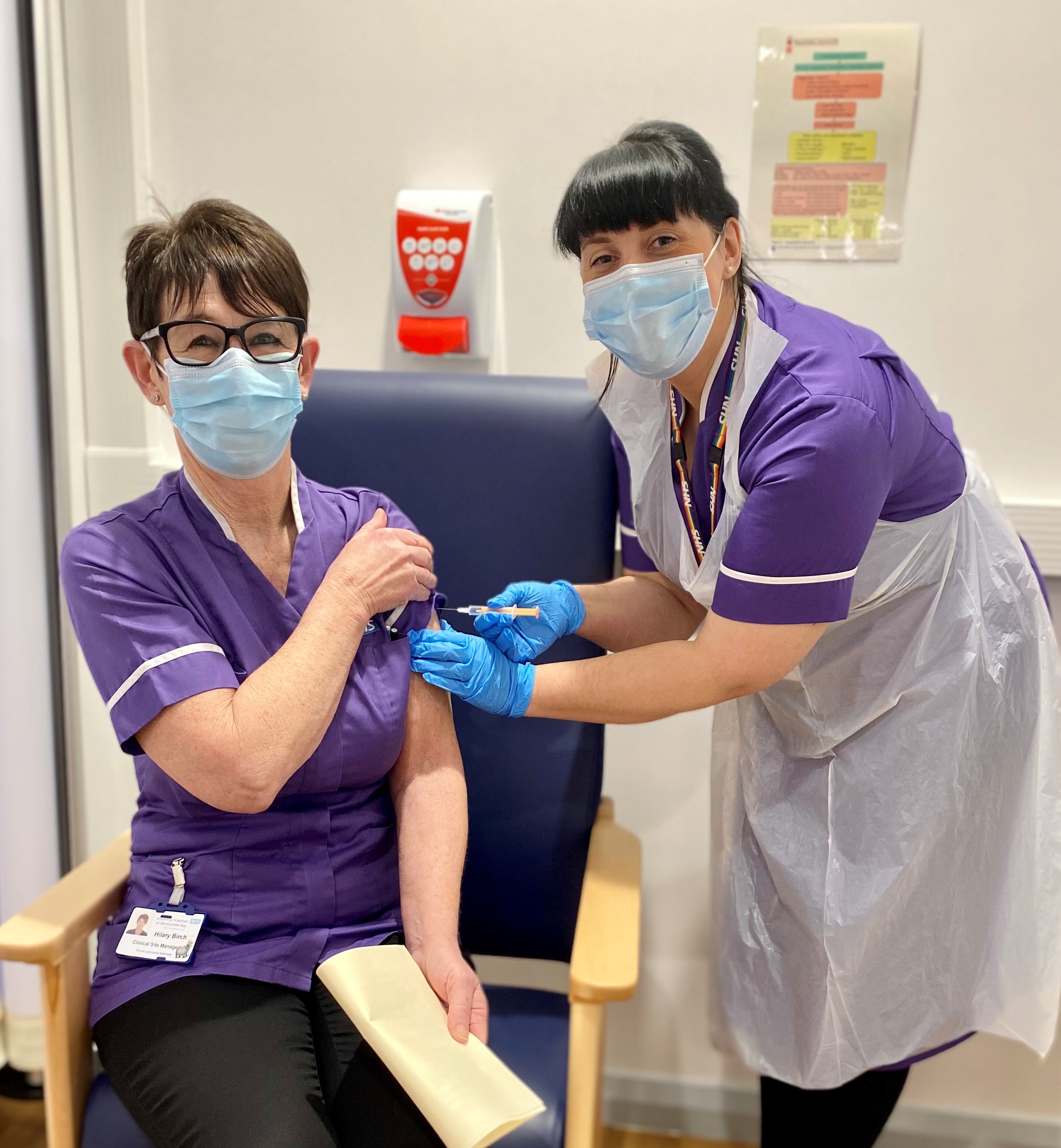 Hilary Birch vaccinated by Matron Clare Hill Oxford Vaccine UHMBT COVID.jpg