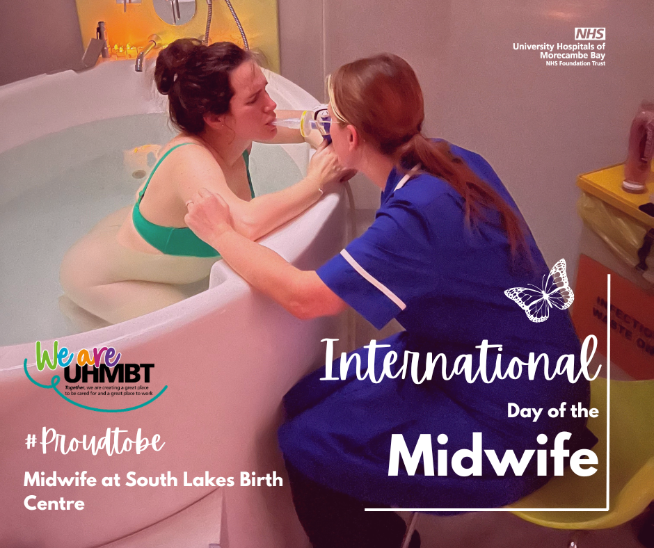 Photograph of Midwife Alice supporting a lady giving birth in a birthing pool and using gas and air