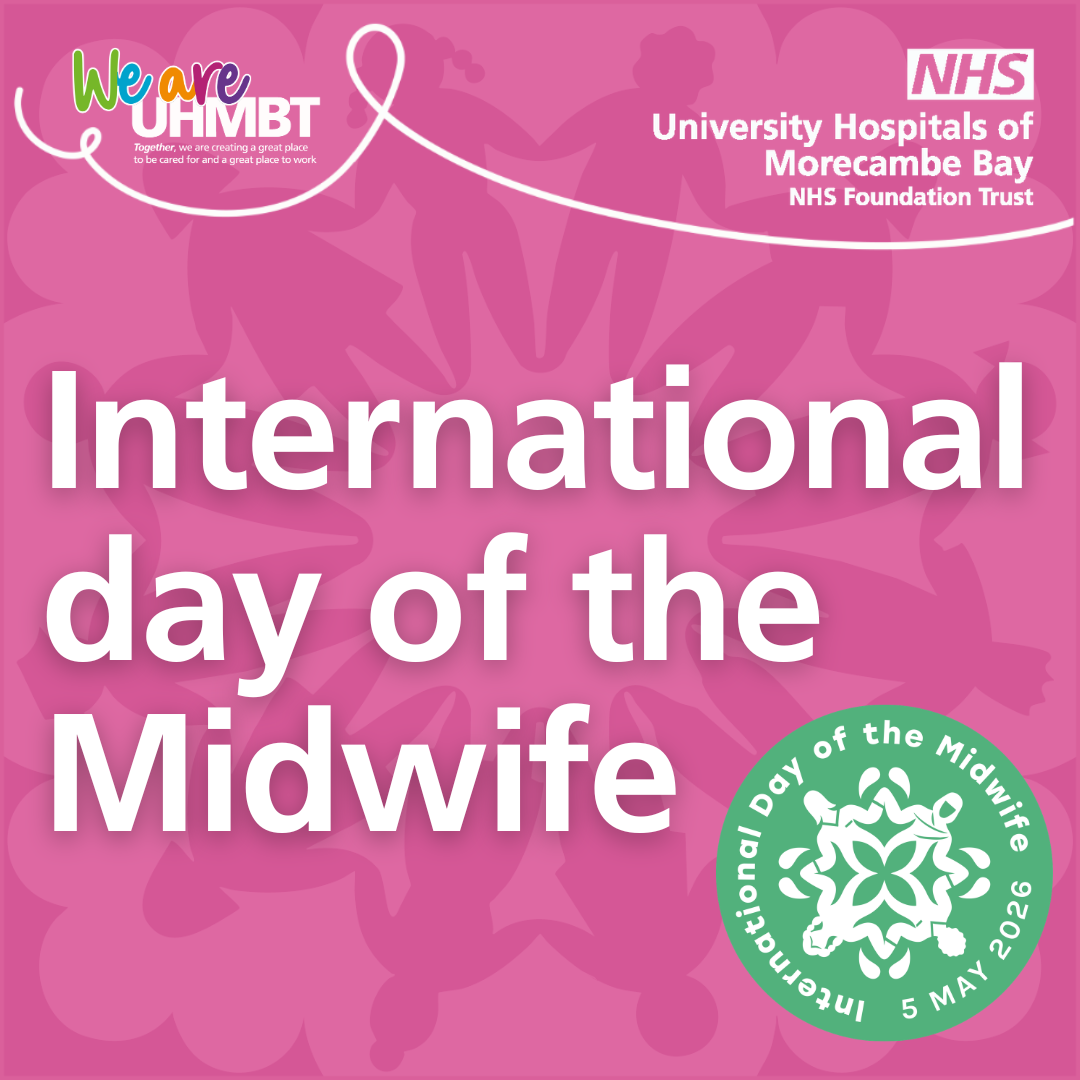 Pink graphic that has the words International Day of the Midwife on and the Trust logo in the top right corner