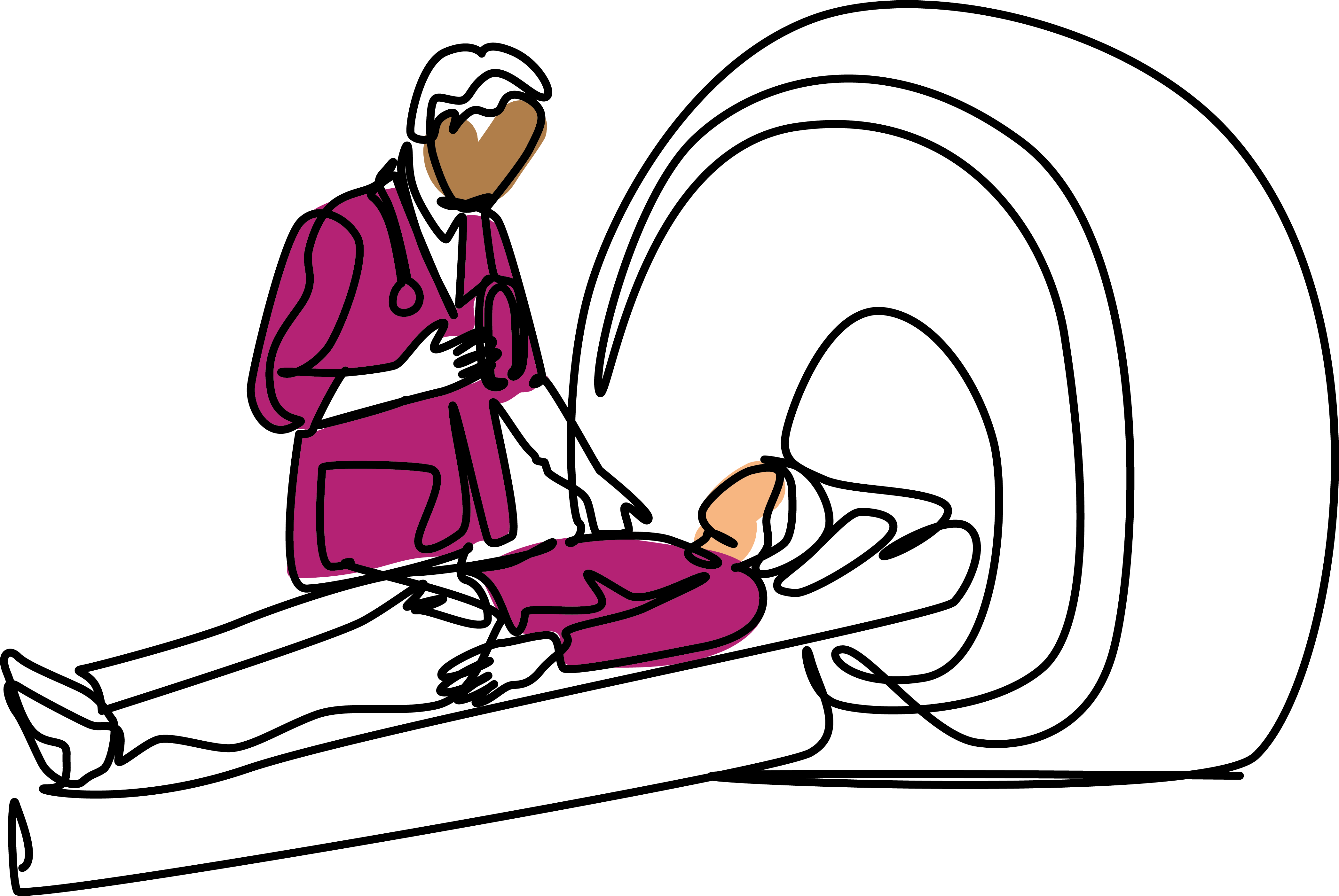 A line illustration drawing of a person lying down about to have a health scan, with a health professional standing with them wearing a stethoscope