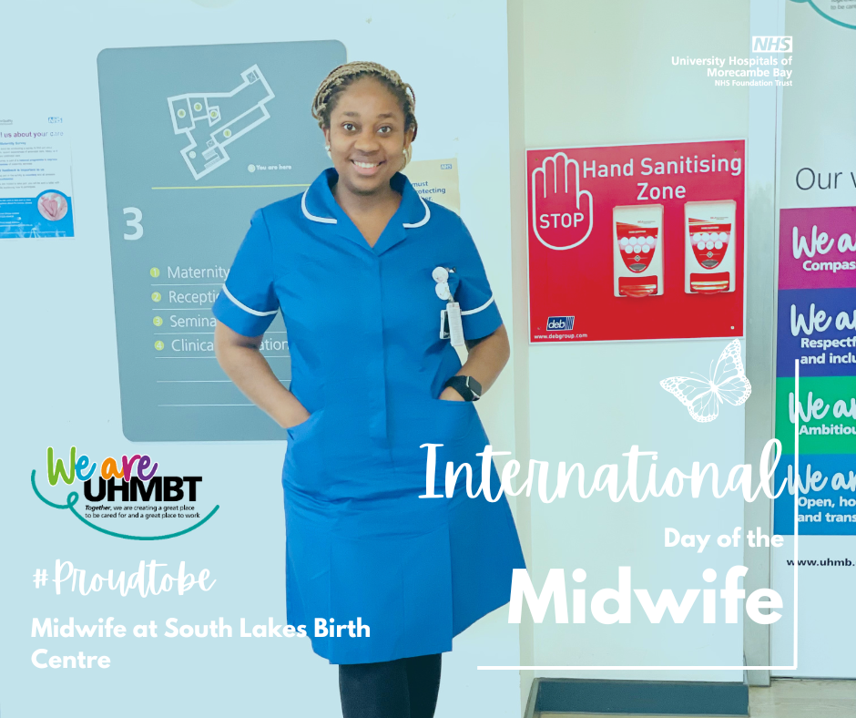 Photograph of Midwife Ugochi in blue uniform standing in hospital