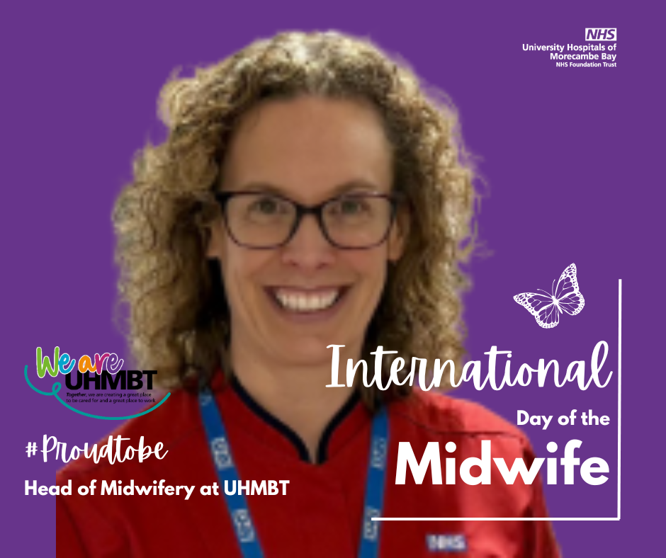 Head and shoulders photo of Midwife Alison wearing red matron's uniform and smiling to camera