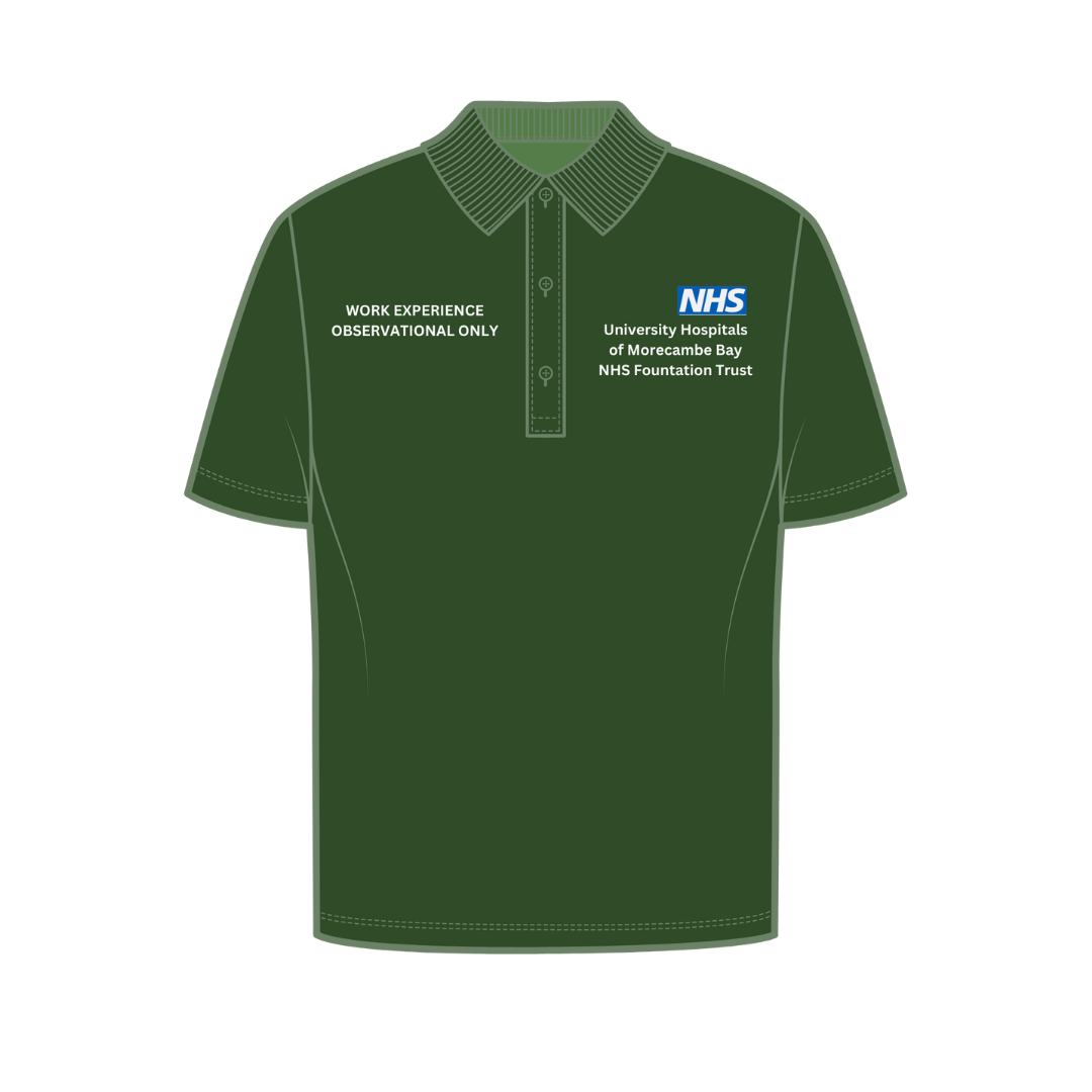 Dark green polo neck shirt which has white text on the left side which reads 'work experience observational only' and the Trust NHS logo on the other side.