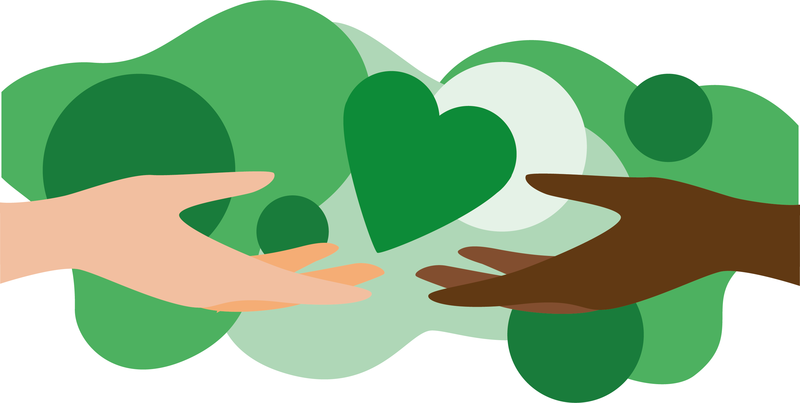 Macmillan logo of hands holding with green background