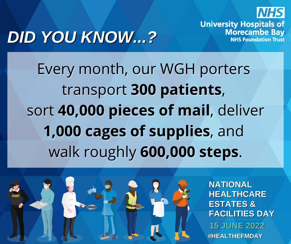 Every month, our WGH porters  transport 300 patients,  sort 40,000 pieces of mail, deliver 1,000 cages of supplies, and  walk roughly 600,000 steps.