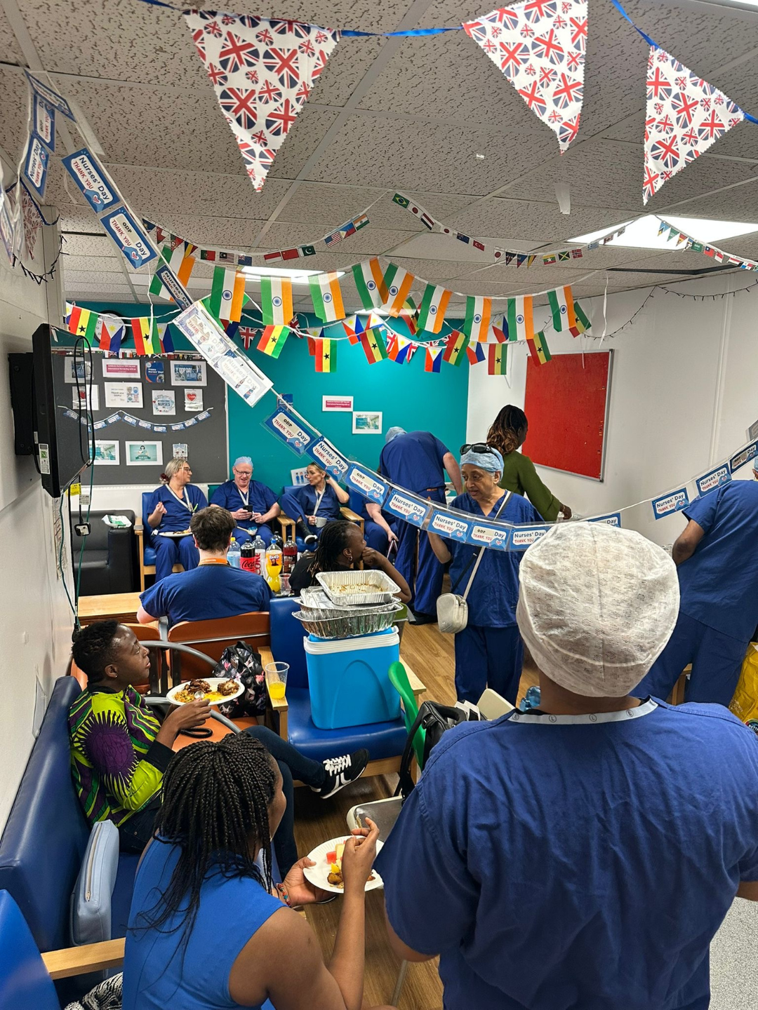 Furness General Hospital Theatres team celebrating Nurses day with foods and country themed decorations