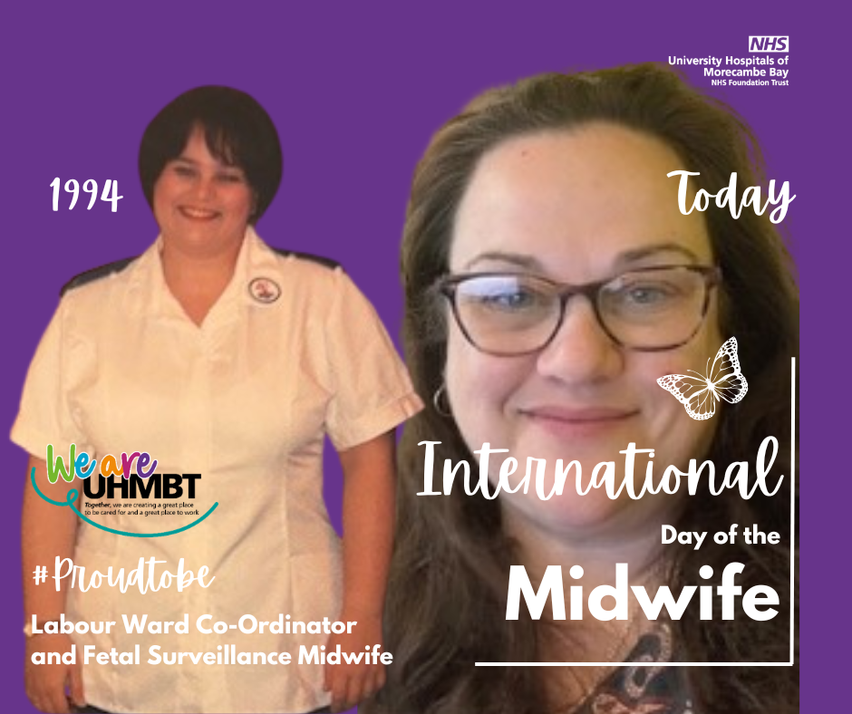 Two photographs of Nicky, a labour ward co-ordinator and fetal surveillance lead at South Lakes Birth Centre. The first photo is Nicky in 1994 as a trainee midwife, the second photo is the present day of Nicky smiling to camera