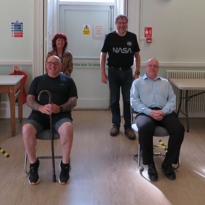 Pain Management Programme Front row L-R James Page, Laurence Griffin, Neal Brace, Mark Mellar. Back row L-R Pam Brier and Dr Mathias Tautz..jpg